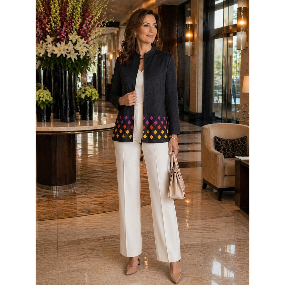 Misook Longline Cardigan Jacket Black‎ Multicolor Structured Knit Open Front L